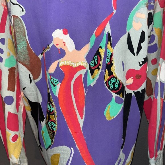 KOLORWAY Hand Painted Denim Button Down New Orleans Jazz Mardi Gras Shirt Top - Picture 7 of 10
